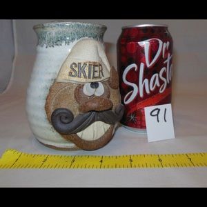 VINTAGE RARE STONEWARE POTTERY CLAY FUNNY FACE TALL MUG STEIN “SKIER”